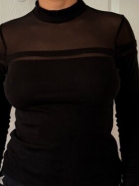 Mock Neck Black Ribbed Sheer Panel Top Sz. S
